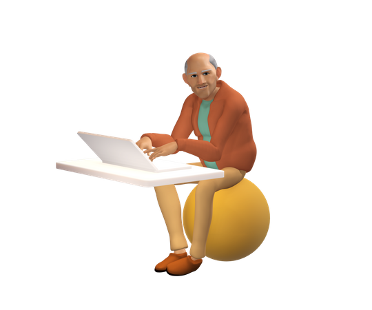 Alter Geschäftsmann arbeitet am Laptop  3D Illustration