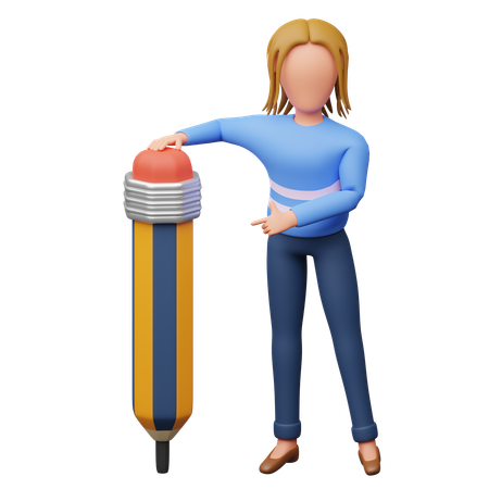 Estudante feminina com lápis  3D Illustration