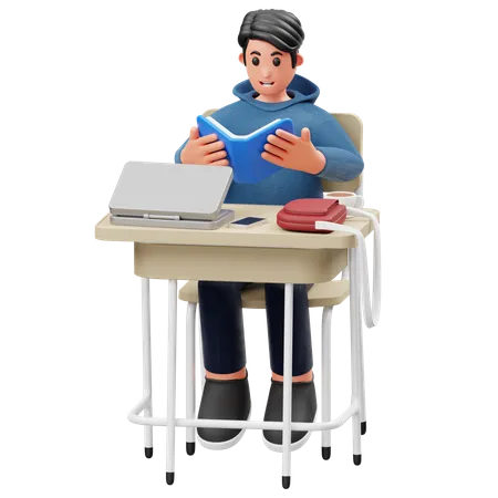 O aluno está sentado e lendo um livro  3D Illustration