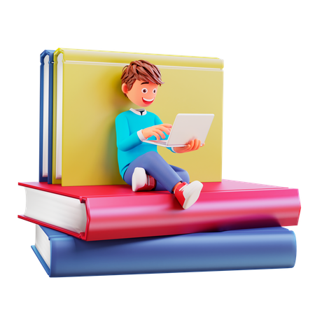 Estudante estudando no laptop enquanto está sentado em livros grandes  3D Illustration
