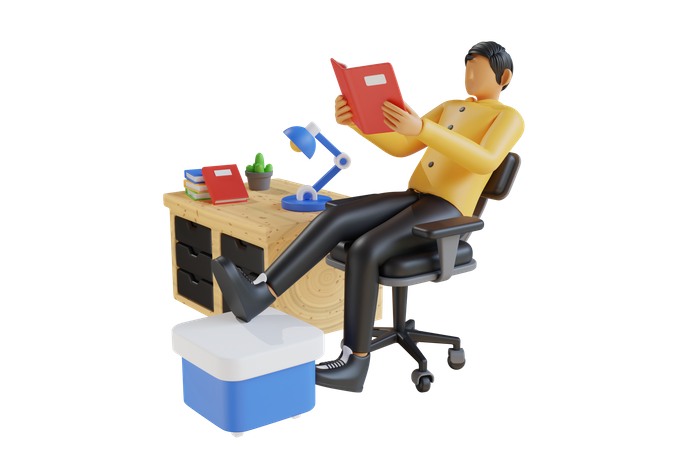 Estudante lendo livro enquanto está sentado na mesa  3D Illustration