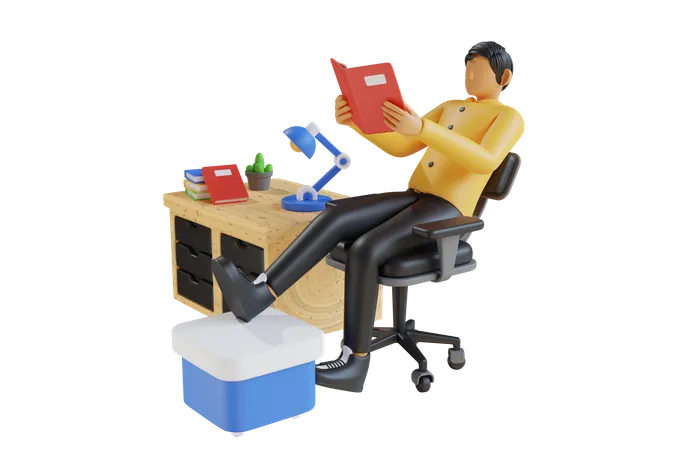 Estudante lendo livro enquanto está sentado na mesa  3D Illustration