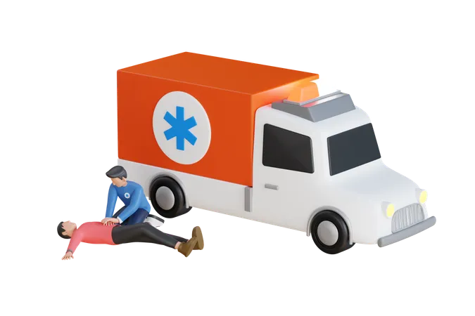 3 D Illustration Of Ambulance Crew Helping Unconscious Man On Road Emergency Medical Service At Work Medic Going To Apply First Aid 3D Icon