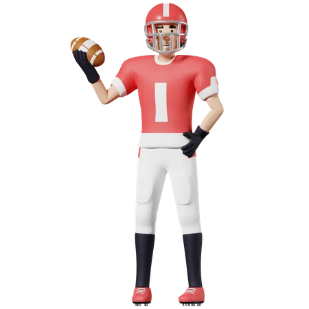American Football-Spieler hält Ball in einer Hand  3D Illustration