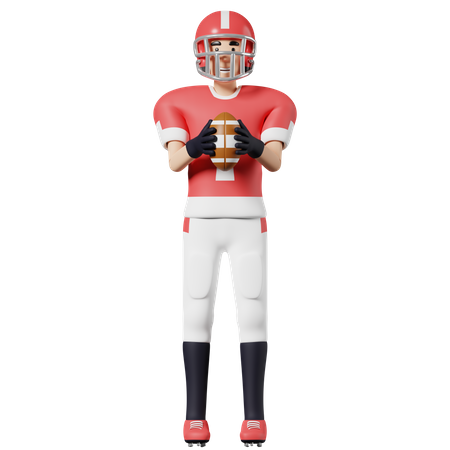 American Football-Spieler hält einen Ball mit beiden Händen  3D Illustration