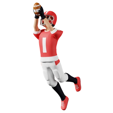 American Football-Spieler springen und fangen den Ball  3D Illustration