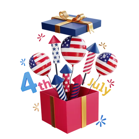 4th Of July Illustration With Balloons Firecrackers And Gift Present 3D Icon