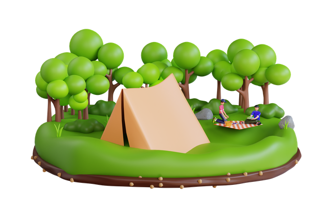 Amigos acampando na floresta  3D Illustration