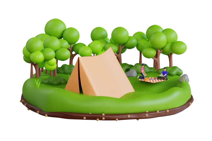 Amigos acampando na floresta  3D Illustration