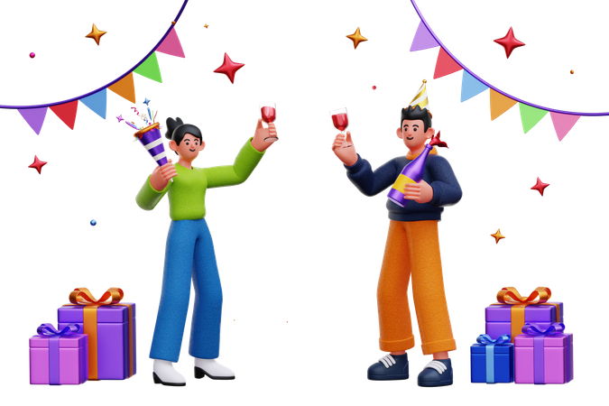 Amigos celebrando la fiesta de año nuevo  3D Illustration