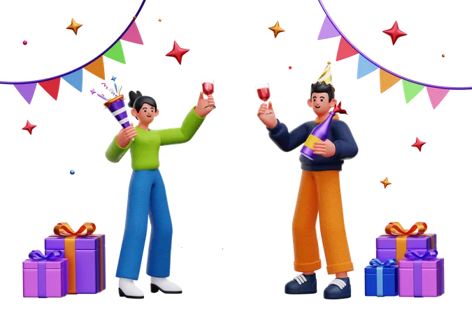 Amigos celebrando la fiesta de año nuevo  3D Illustration