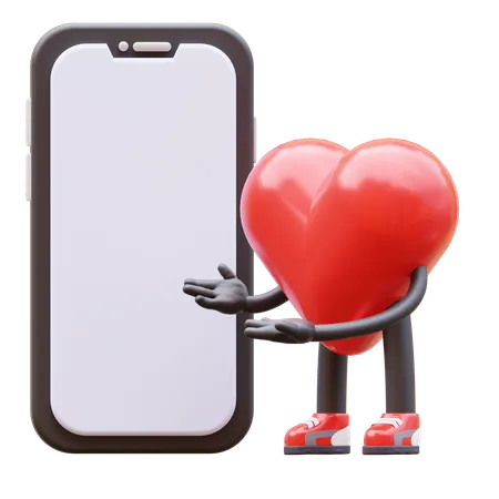 Personagem de amor apresentando tela de smartphone em branco  3D Illustration