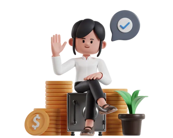 An Investor Woman Sitting On Top Of A Safe With A Stack Of Coins Offers Start Up Business Capital  3D Illustration