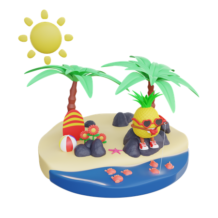 Ananas faisant de la pêche sur l'île  3D Illustration