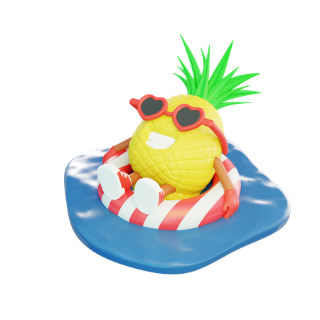 Ananas se détendant sur un anneau de natation en mer  3D Illustration