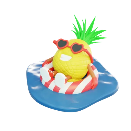 Ananas se détendant sur un anneau de natation en mer  3D Illustration