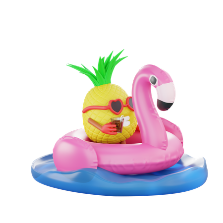 Ananas se détendant sur un anneau de flamant rose en mer  3D Illustration