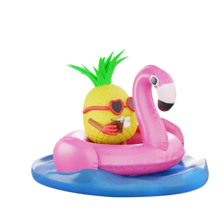 Ananas se détendant sur un anneau de flamant rose en mer  3D Illustration