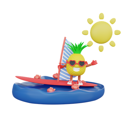 Ananas sur planche de surf en mer  3D Illustration