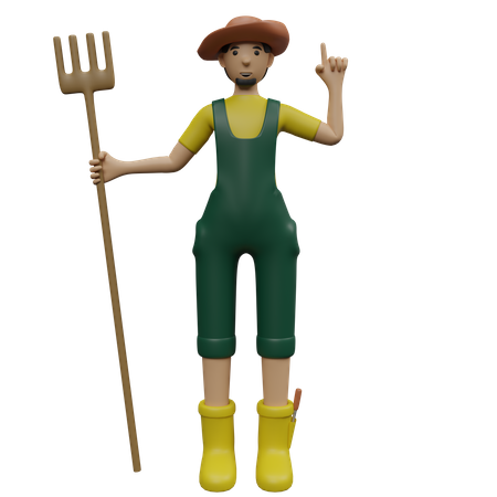 Agricultor de plantação segurando ancinho  3D Illustration