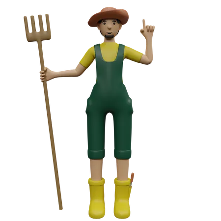 Agricultor de plantação segurando ancinho  3D Illustration