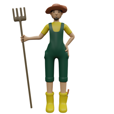 Agricultor masculino segurando ancinho  3D Illustration