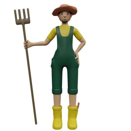 Agricultor masculino segurando ancinho  3D Illustration