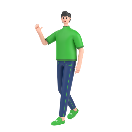 Menino em pose andando e acenando com a mão, diga olá  3D Illustration