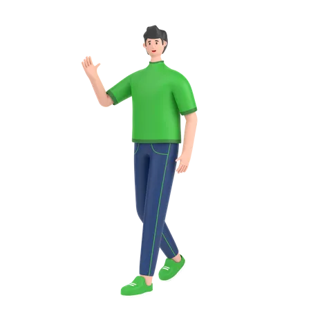 Menino em pose andando e acenando com a mão, diga olá  3D Illustration