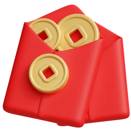 This 3 D Icon Of An Angpao Filled With Gold Coins Represents The Traditional Red Envelope Given During Chinese New Year Ideal For Festive And Cultural Projects 3D Icon
