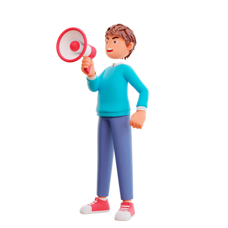 Angry cute boy with megaphone  3D Illustration