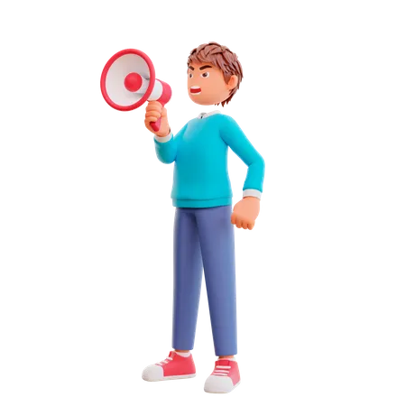 Angry cute boy with megaphone  3D Illustration