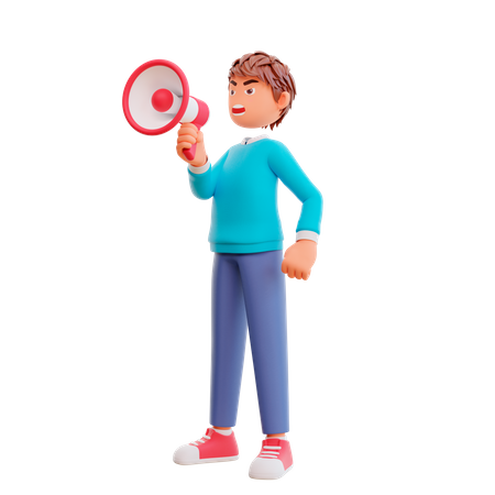 Angry cute boy with megaphone 3D Illustration