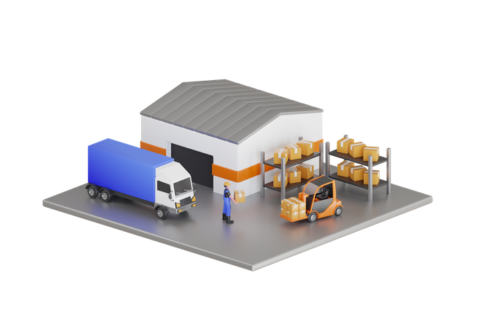 Anhänger-Container-LKW geparkt und laden Paket-Boxen im Lager  3D Illustration