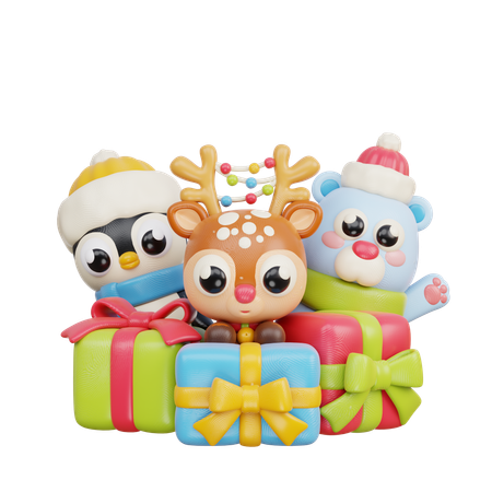 Animal navideño con regalo  3D Illustration