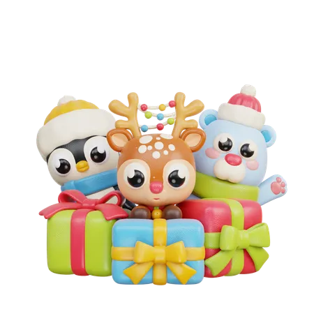 Animal navideño con regalo  3D Illustration