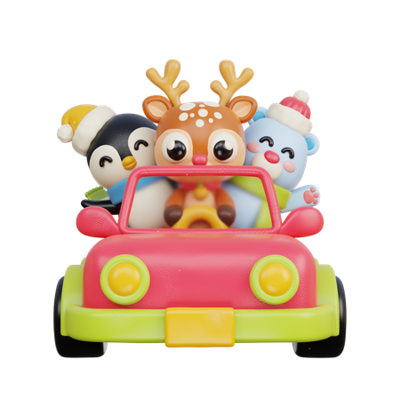 Animals In Car  3D Illustration