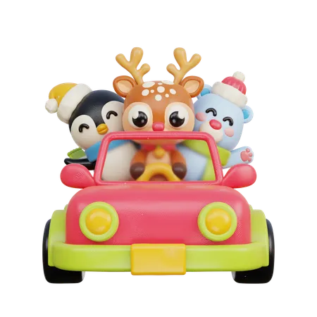 Animals In Car  3D Illustration