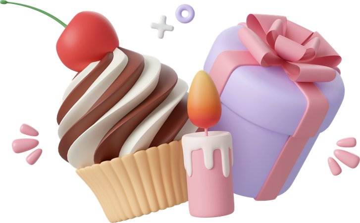 Cupcake d'anniversaire et boîte-cadeau  3D Icon