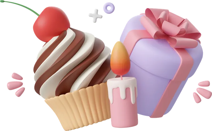 Cupcake d'anniversaire et boîte-cadeau  3D Icon