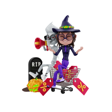 Annonce de vente d'Halloween par le personnage d'Halloween  3D Illustration