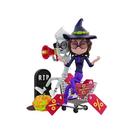 Annonce de vente d'Halloween par le personnage d'Halloween  3D Illustration