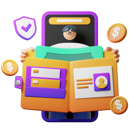 Aplicación de billetera electrónica con un hombre en la pantalla del teléfono.  3D Illustration