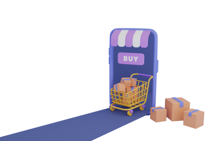 Carro de compras con caja y móvil.  3D Illustration