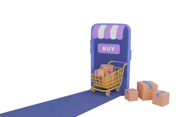 Carro de compras con caja y móvil.  3D Illustration