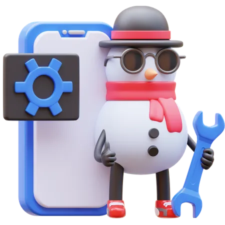 Aplicación móvil de mantenimiento de personajes de muñeco de nieve  3D Illustration
