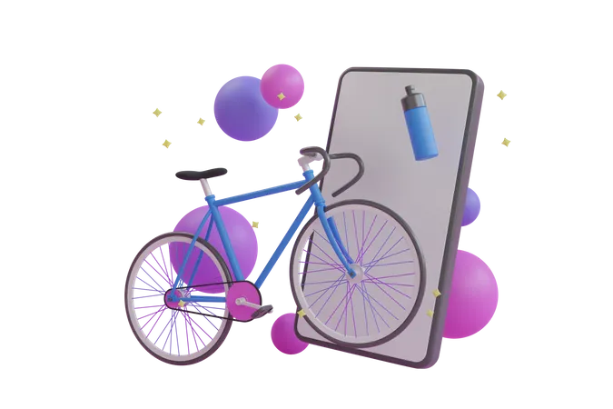 Concept Dapplication De Cyclisme 3 D Le Sport En Direct En Ligne Depuis Un Smartphone Velo Bleu Parmi Des Boules Colorees Sur Fond Rose Velo Entoure Dun Smartphone Dun Ballon Et Dune Bouteille Rendu 3 D 3D Illustration