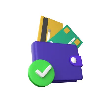 3 D Render Wallet And Credit Card With Green Check Mark Icon For Approve Correct And Pass Business Money Finance And Management Realistic Cartoon Concept 3D Icon