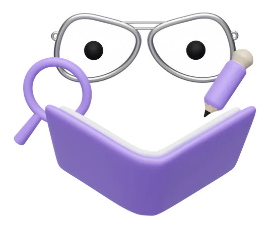 Personagem De Desenho Animado 3 D Com Livro Aberto Lupa Oculos Globo Ocular Icone De Lapis Isolado Educacao Estudando Pesquisando O Conceito 3D Icon
