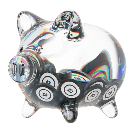 AR-Sparschwein aus klarem Glas mit abnehmendem Stapel an Kryptomünzen  3D Icon